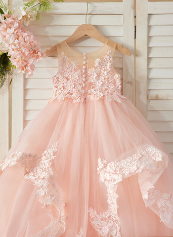 Robe de princesse sans manches en tulle avec applications de dentelle et traîne pour filles 