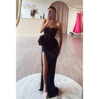 Robe de soirée longue en satin froncé à fleurs, sans bretelles, sans manches 
