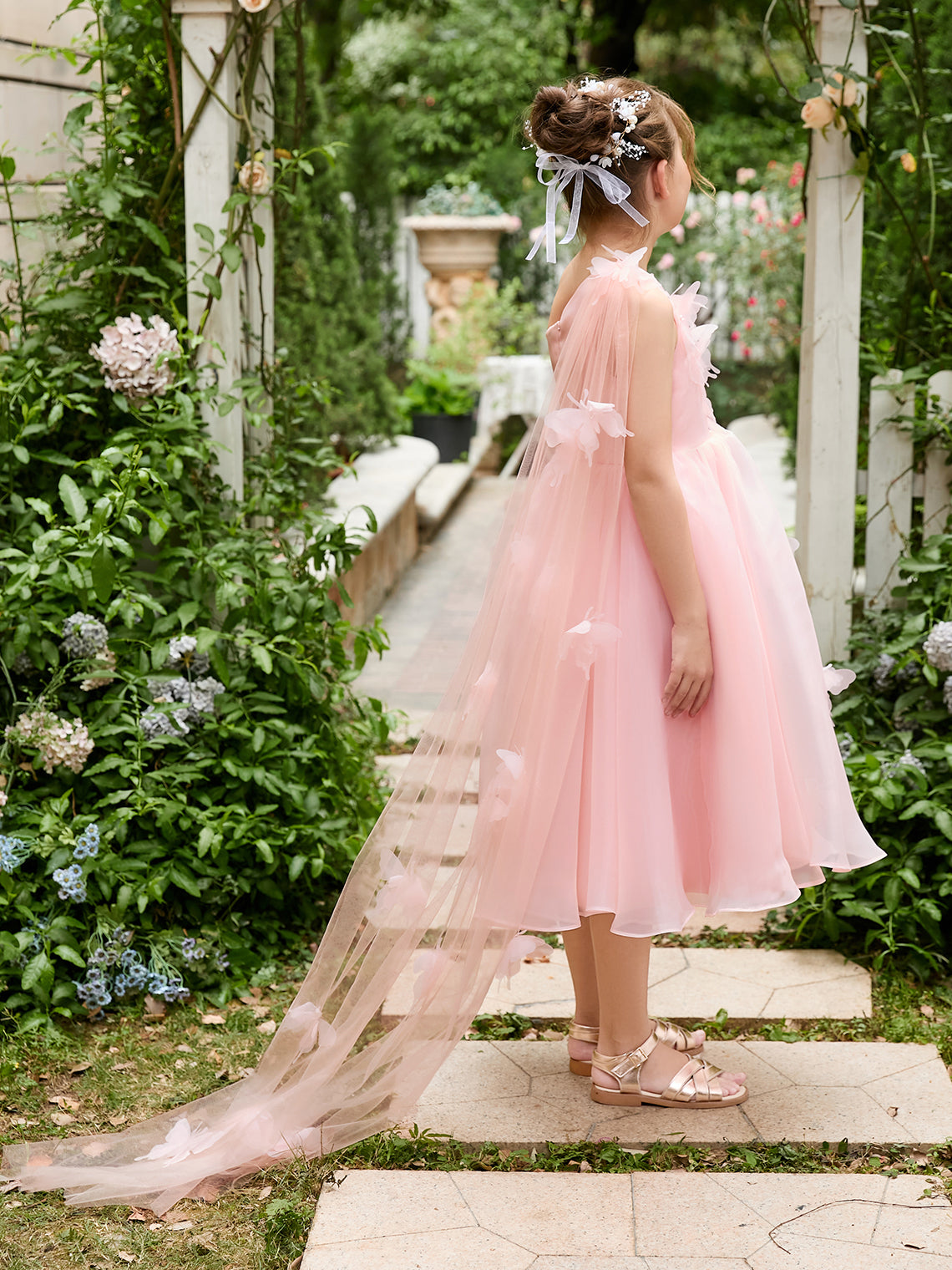 Vestido rosa de organza de corte A hasta la rodilla (010220821) 
