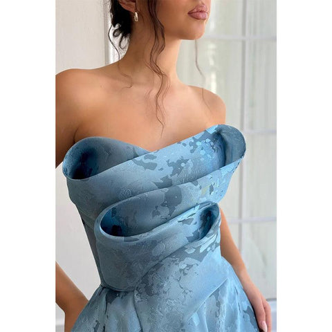 Satin A-line Strapless Appliques with Side Slit Party Prom Evening Dress