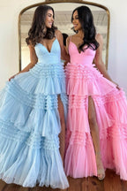 Pretty A Line Spaghetti Straps Long Tulle Prom Dress With Split
