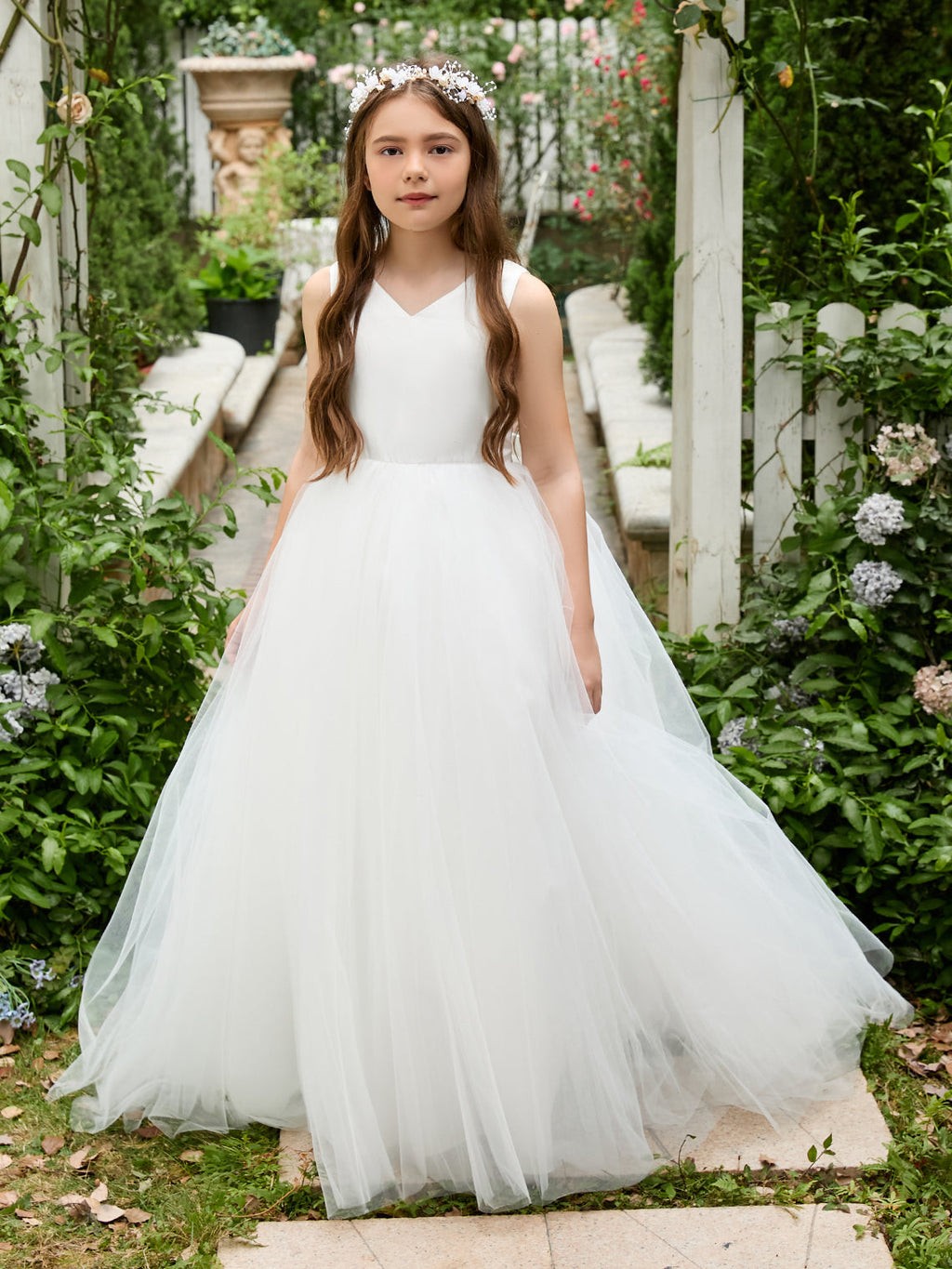 Vestido clásico blanco de corte A sin mangas para niña de las flores, de satén y tul 