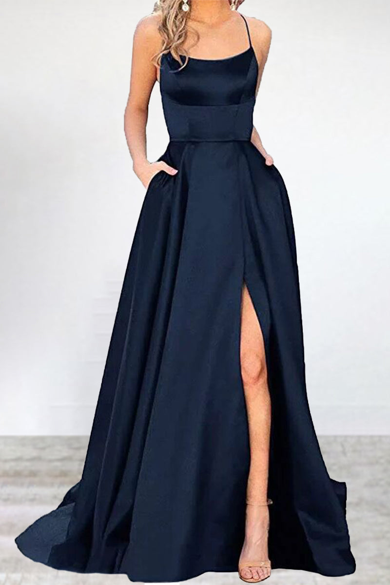 Vestidos de noche sexys, formales, de color liso, con escote en U y abertura alta. 