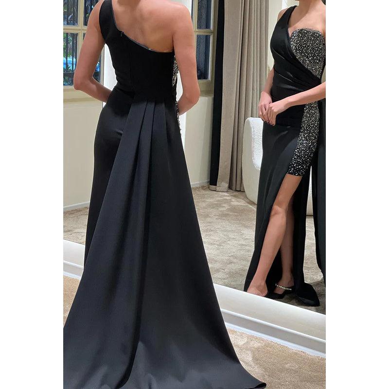 Vestido de fiesta sin mangas con lentejuelas de satén y un solo hombro con corte tubo/columna