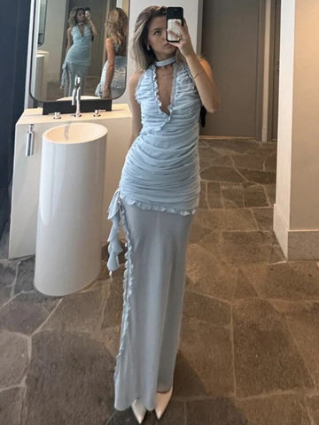TARUXY Deep V Neck Slim Maxi Dresses For Women Mesh Splice See Through Folds Long Dress Femme Side Slit Sexy Evening Dress Woman