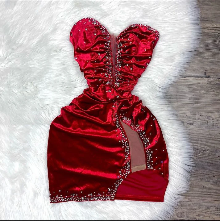 Vestido corto de terciopelo burdeos con cuentas, sexy, para cumpleaños o baile de bienvenida Y7703