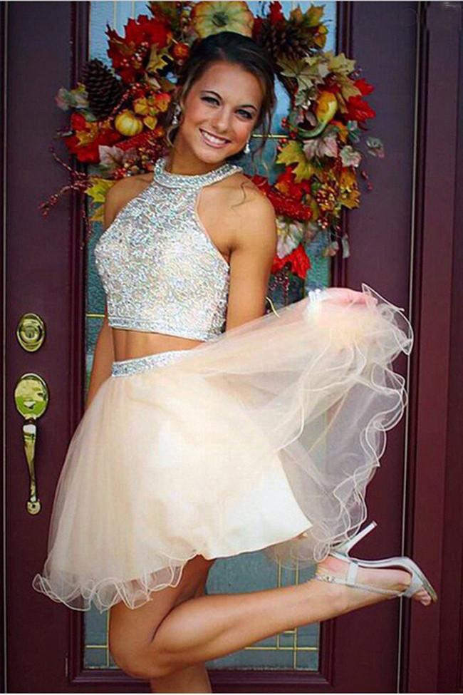 Robes de bal deux pièces fabuleuses ornées de perles, robes de bal courtes en tulle