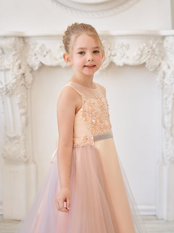 Vestido color champán de corte A con cola de tul satinado (010226776) 