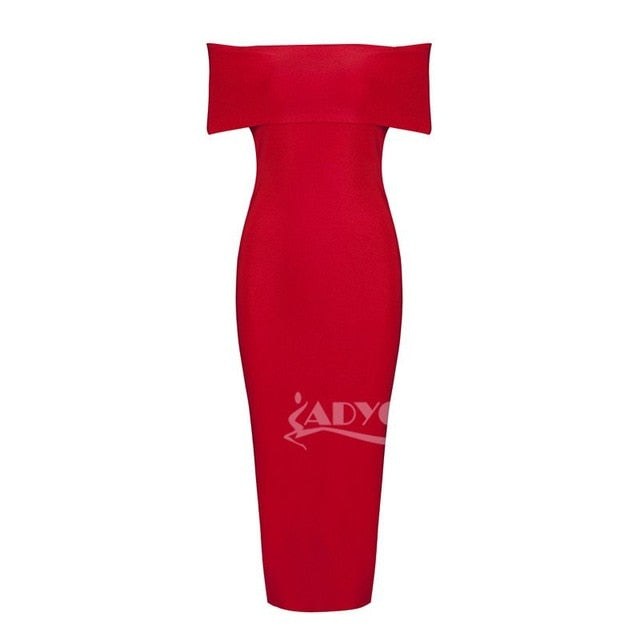 White Celebrity Runway Bandage Dress Women Black Red Sexy Off Shoulder Midi Bodycon Evening Party Dress Vestido