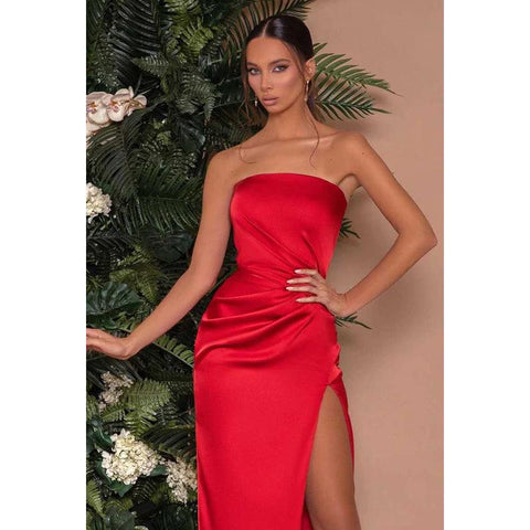 Vestido largo de noche formal de satén fruncido sin tirantes con abertura