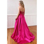 Robe de soirée longue en satin, sans bretelles, sans manches, à lacets, coupe trapèze, avec fente
