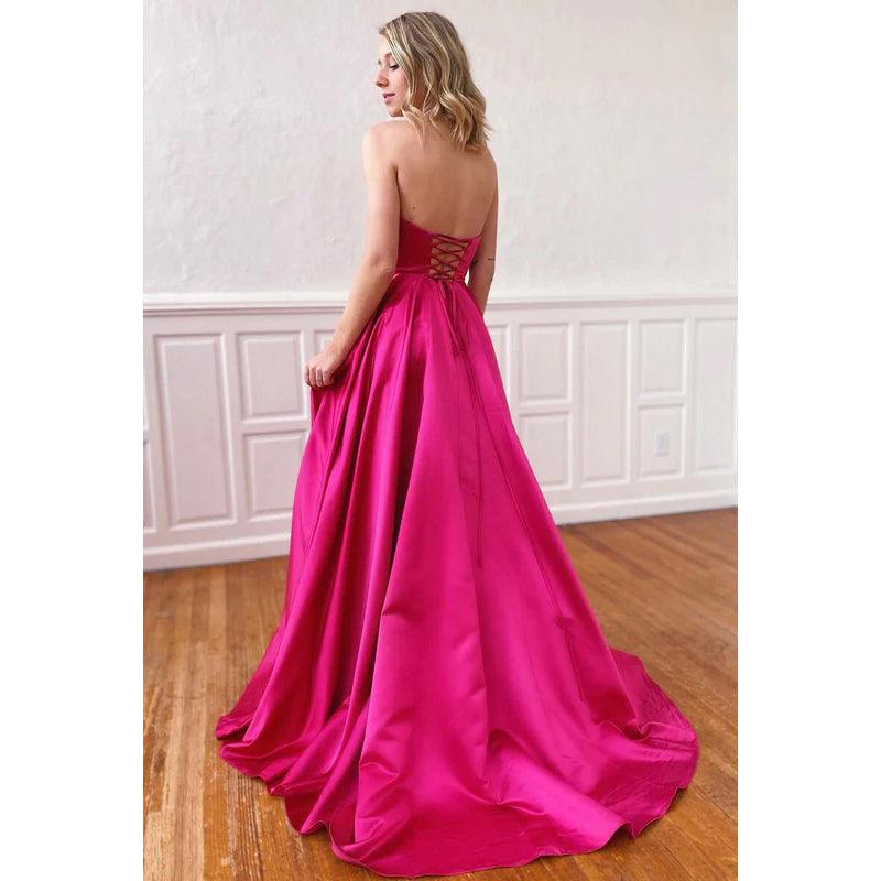 Robe de soirée longue en satin, sans bretelles, sans manches, à lacets, coupe trapèze, avec fente