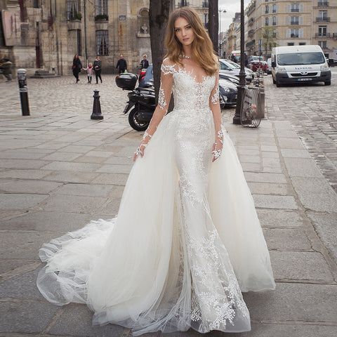 Luxury Wedding Dress 2023 Detachable 2 In 1 Mermaid Embroidered Lace On Net With O-neck Full Sleeve Back Button Vestido De Novia