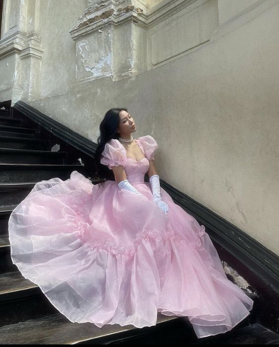 Vestido de quinceañera rosa con mangas abullonadas de tul, vestido de baile, vestido de 16 años Y1968