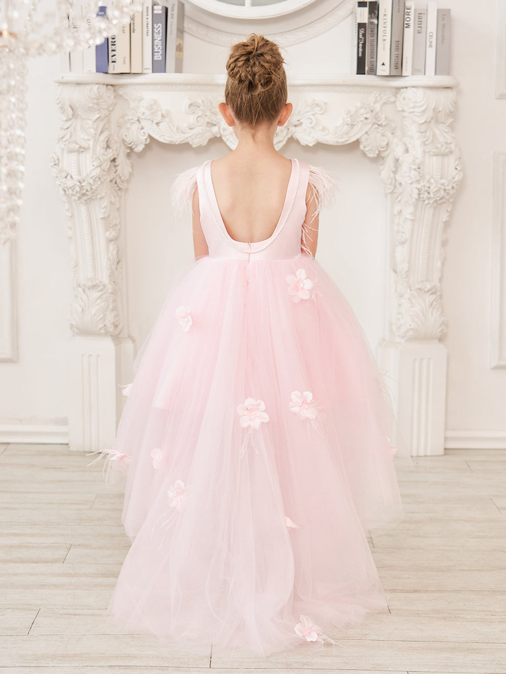 Vestido de niña de las flores de tul sin mangas estilo princesa con cuentas y lazo de plumas (010224704) 