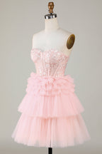 Lindo vestido de fiesta de línea A, escote corazón, corsé rosa claro con volantes