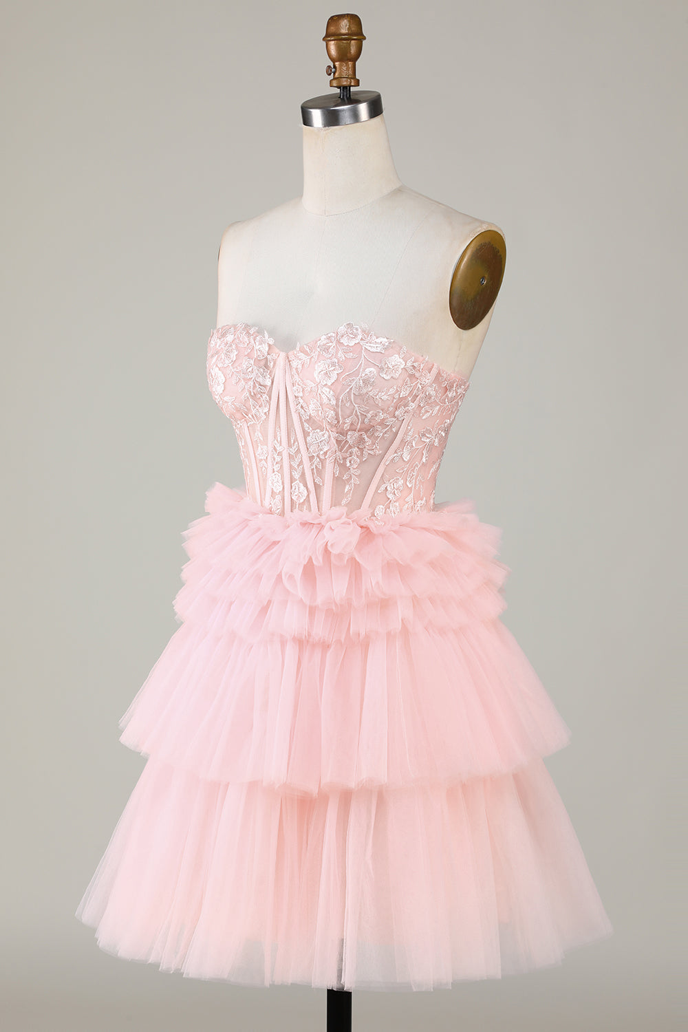 Lindo vestido de fiesta de línea A, escote corazón, corsé rosa claro con volantes