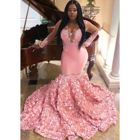 Robe de bal sirène africaine sexy à col en V et manches longues en dentelle 