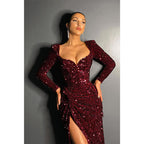 Vestido de fiesta sexy con escote en V, mangas largas, lentejuelas y brillantes con abertura