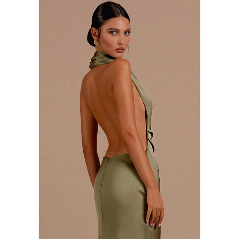 Robe de soirée longue fourreau sexy en satin dos nu avec fente latérale