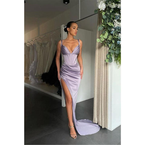 Robe de bal sirène sexy à col en V et fente haute 