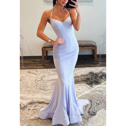 V-neck Halter Trumpet Pleats Beaded Party Prom Evening Dress