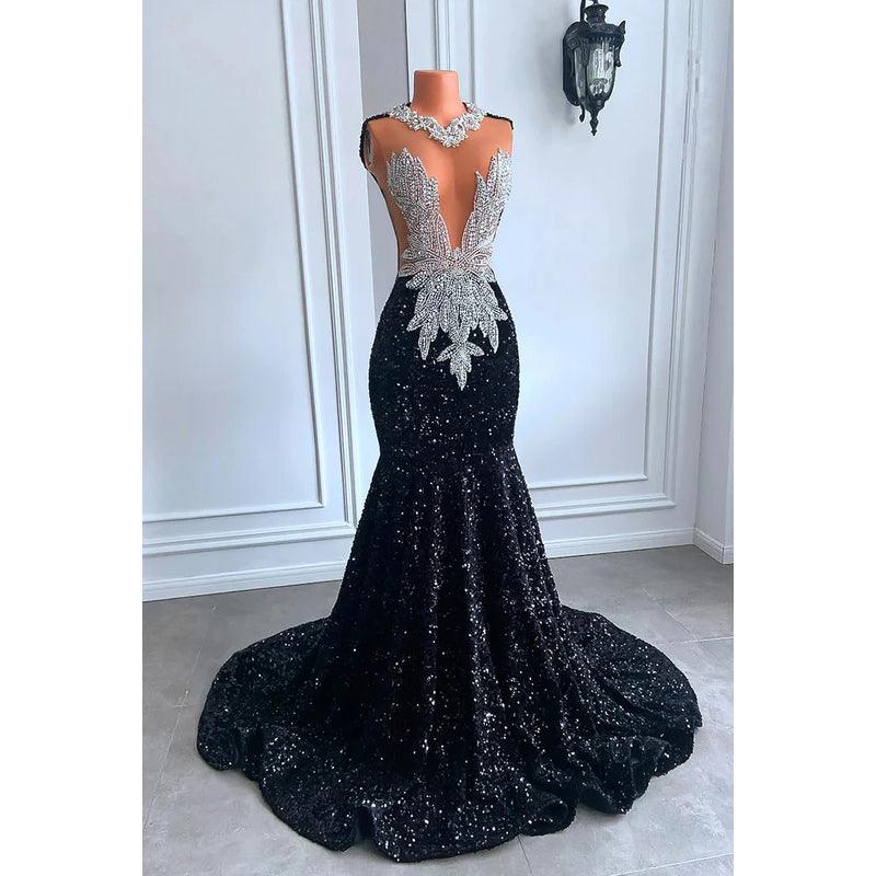 Vestido de noche de sirena con escote en V profundo, sin mangas, lentejuelas y volantes glamurosos y dramáticos