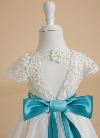 Vestido de niña de las flores color marfil, corte en A, de organza de encaje, hasta el tobillo 