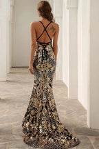 Robe de bal longue sirène à paillettes dorées