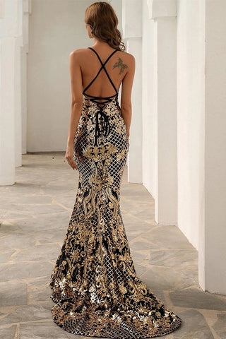 Robe de bal longue sirène à paillettes dorées