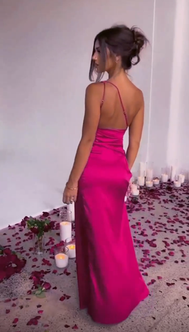 Sexy One Shoulder Hot Pink Prom Dress Saton Slit Evening Dress Y7623