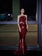 Burgundy Strapless Sequin Rose Flowers Prom Dress Mermaid Long Evening Dress Y8595
