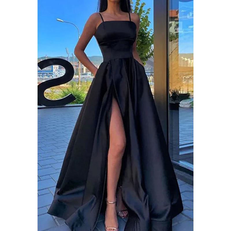 Robe de soirée longue en satin à bretelles spaghetti et fente