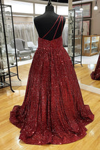 Sparkly Plus Size Light Blue One Shoulder A Line Sequins Prom Dress