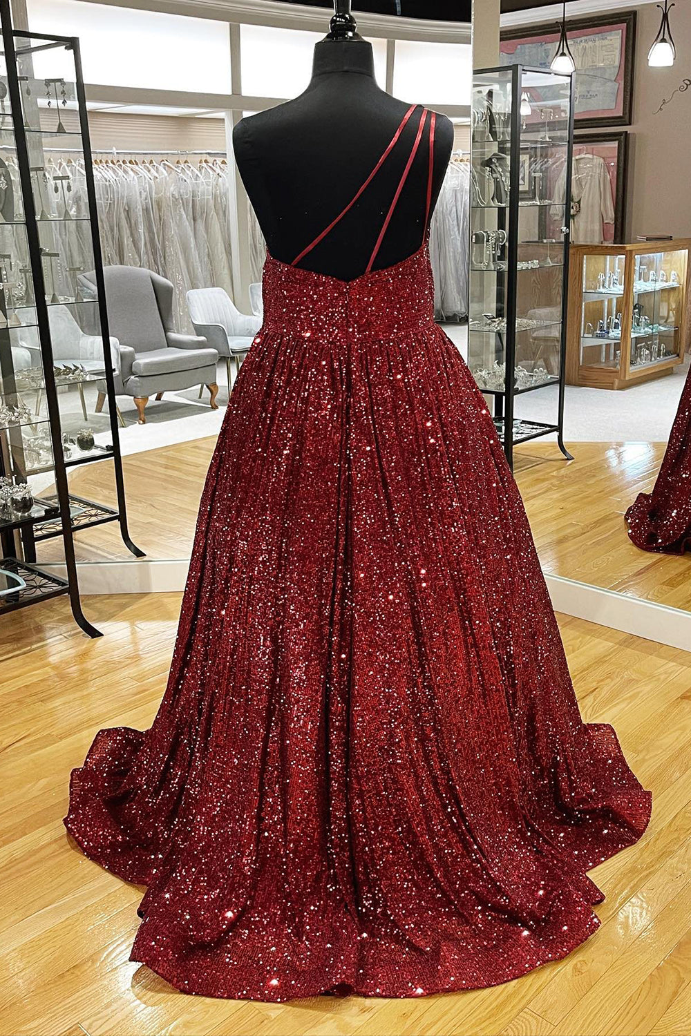 Sparkly One Shoulder A Line Sequins Prom Dress