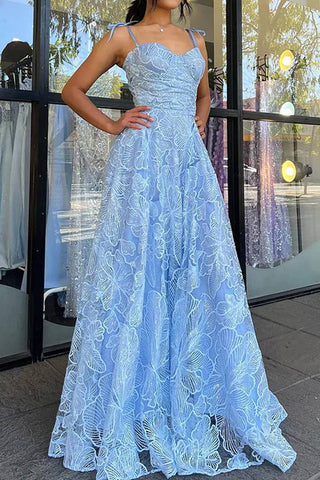 Beautiful A Line Spaghetti Straps Blue Long Prom Dress with Lace