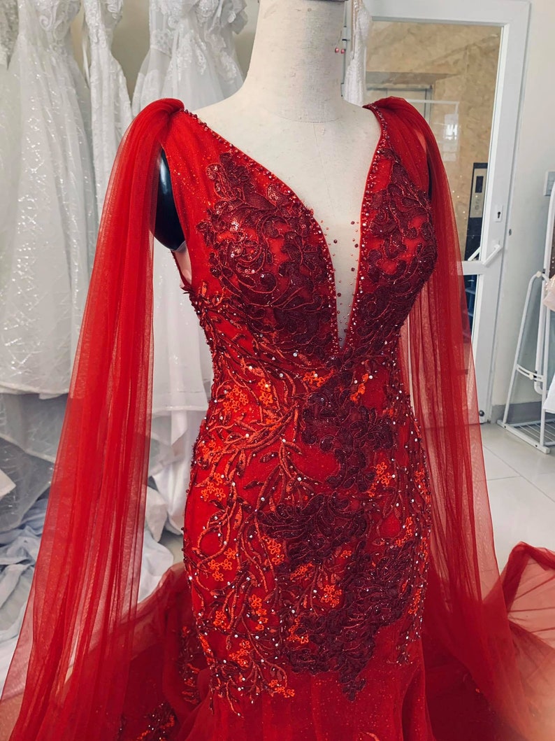 Robe de mariée vintage rouge unique, robe de princesse sirène pour bal de promo Y1573