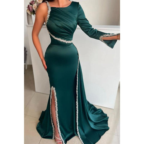 Unique Scoop Beads Long Sleeves Mermaid Formal Evening Dress with Slit