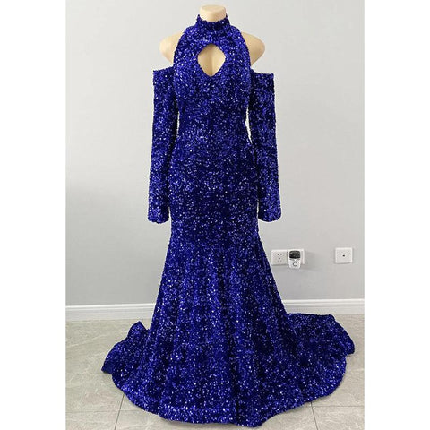 Vestido de fiesta negro único con escote alto, mangas largas y lentejuelas brillantes para Slay 
