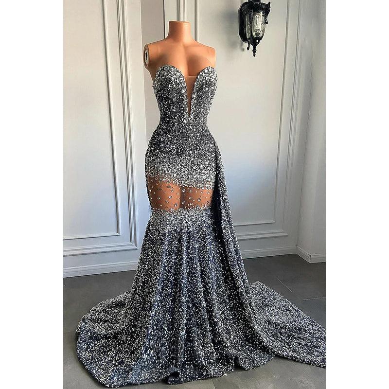 Robe de soirée sirène sexy et tendance, col en V, sans manches, à volants, entièrement pailletée