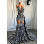 Robe de soirée sirène sexy et tendance, col en V, sans manches, à volants, entièrement pailletée