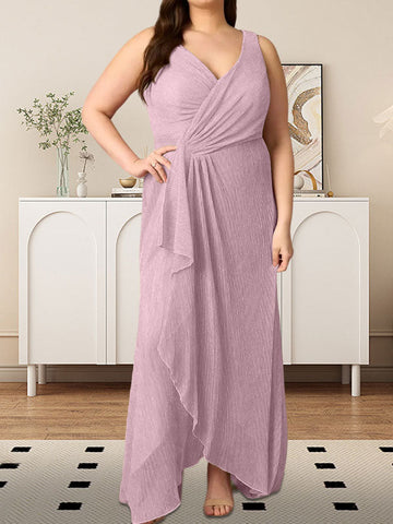 A-Line V-Neck Ruched Metallic Mesh Dress