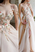 Vestido de fiesta con apliques de flores de hadas, tul color champán con abertura