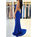 Robe de bal longue sirène bleue à bretelles spaghetti et col en V à paillettes