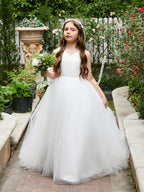 Vestido clásico blanco de corte A sin mangas para niña de las flores, de satén y tul 