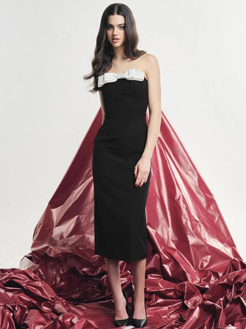 Vestido largo TARUXY negro con lazo y abertura, ajustado, sexy, con hombros descubiertos, ideal para bodas, fiestas y eventos elegantes. 