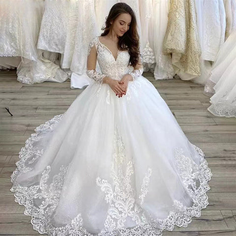 Plus Size Wedding Dresses V Neck Long Sleeves Court Train Tulle Lace Applique Wedding Dresses Lace Up Back Vestido De Noiva