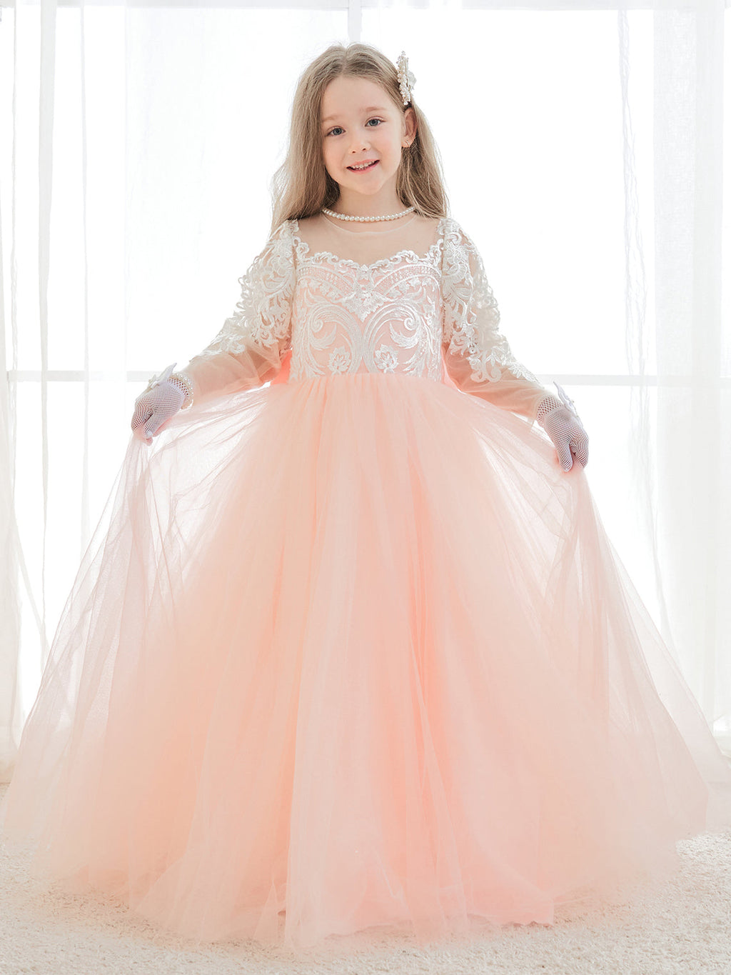 Vestidos de niña de las flores de corte A, manga larga, encaje y tul, color rosa (2003227575) 