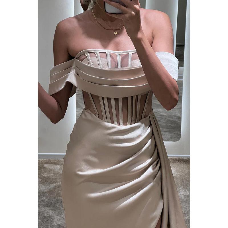 Robe de bal longue en satin sexy et chaude à épaules dénudées avec plis illusion et fente 