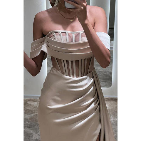 sexy & hot satin off-shoulder illusion pleats long prom dress with slit